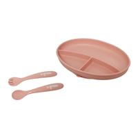 Set farfurie cu lingurita si furculita silicon, roz , UG-SET9PK