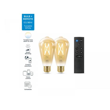 Pachet 2 Becuri LED inteligente vintage (decorative) WiZ Connected Filament Gold ST64, Wi-Fi, E27, 7W (50W), 640 lm, lumina alba (20 00-5000K) + Telecomanda