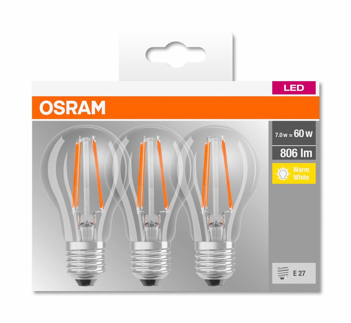 3 Becuri LED Osram Base Classic A, E27, 7W (60W), 806 lm, lumina calda (2700K), cu filament