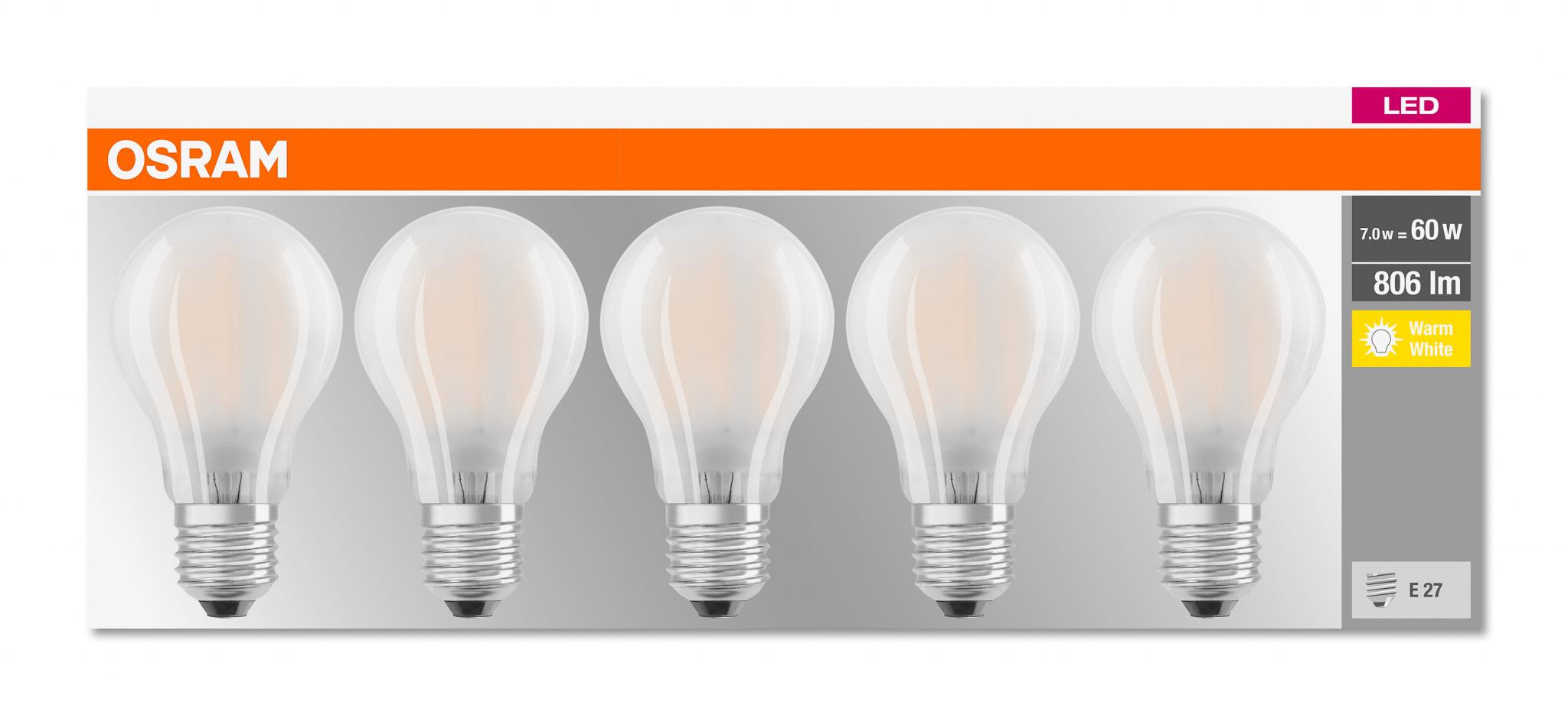 5 Becuri LED Osram Base Classic A, E27, 7W (60W), 806 lm, lumina calda (2700K), semi-transparent