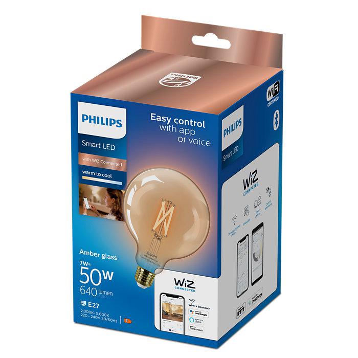 Bec LED inteligent vintage (decorativ) Philips Filament Globe Amber G125, Wi-Fi, Bluetooth, E27, 7W (50W), 640 lm, lumina alba (2000-5000K)