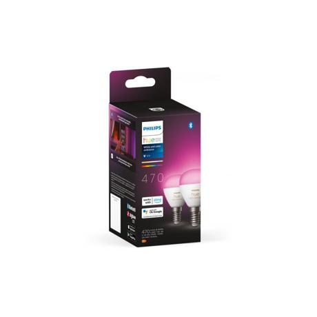 2 Becuri LED RGB inteligente Philips Hue P45, Bluetooth, E14, 5.1W, 470 lm, lumina alba si color (2000-6500K)
