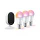 Pachet WiZ Connected cu 3 Becuri LED RGB inteligente A60, Wi-Fi, E27, 8.5W (60W), 806 lm, lumina alba si color (2200-6500K) + Camera video Wi-Fi (2,4GHz), 1080P, 30 FPS, vedere nocturna - 5M, cu detectia miscarii, obiectelor si a persoanelor, microfon inclus, discutie in 2 sensuri