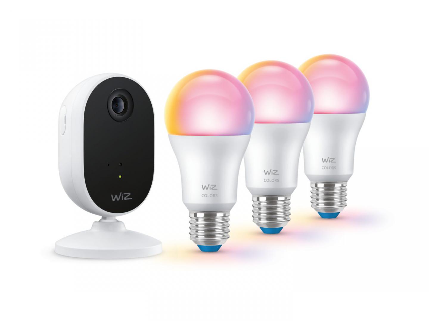 Pachet WiZ Connected cu 3 Becuri LED RGB inteligente A60, Wi-Fi, E27, 8.5W (60W), 806 lm, lumina alba si color (2200-6500K) + Camera video Wi-Fi (2,4GHz), 1080P, 30 FPS, vedere nocturna - 5M, cu detectia miscarii, obiectelor si a persoanelor, microfon inclus, discutie in 2 sensuri