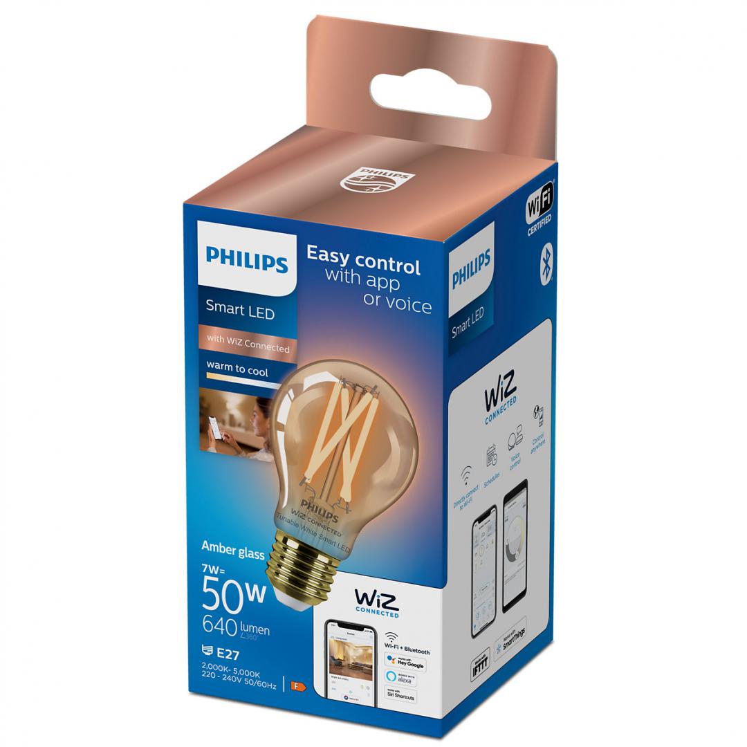 Bec LED inteligent vintage (decorativ) Philips Filament Bulb Amber A60, Wi-Fi, Bluetooth, E27, 7W (50W), 640 lm, lumina alba (2000-5000K)