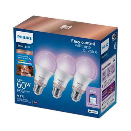 3 Becuri LED RGB inteligente Philips Bulb A60, Wi-Fi, E27, 8.8W (60W), 806 lm, lumina alba si color (2200-6500K)