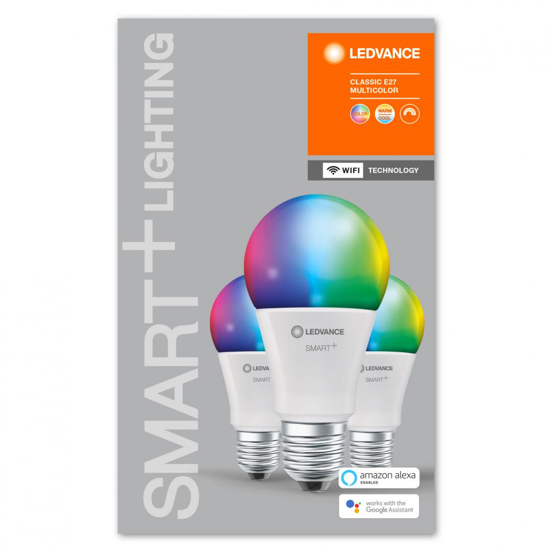 3 Becuri LED RGB inteligent Ledvance SMART+ WiFi Classic Multicolour A, E27, 9W (60W), 806 lm, lumina alba si color (2700-6500K)