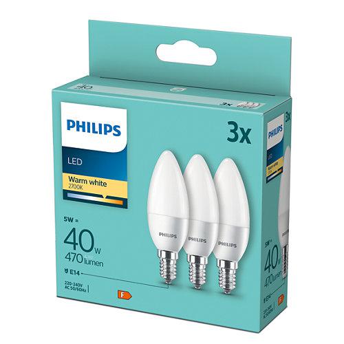 3 Becuri LED Philips B35, E14, 5W (40W), 470 lm, lumina calda (2700K) ,mat