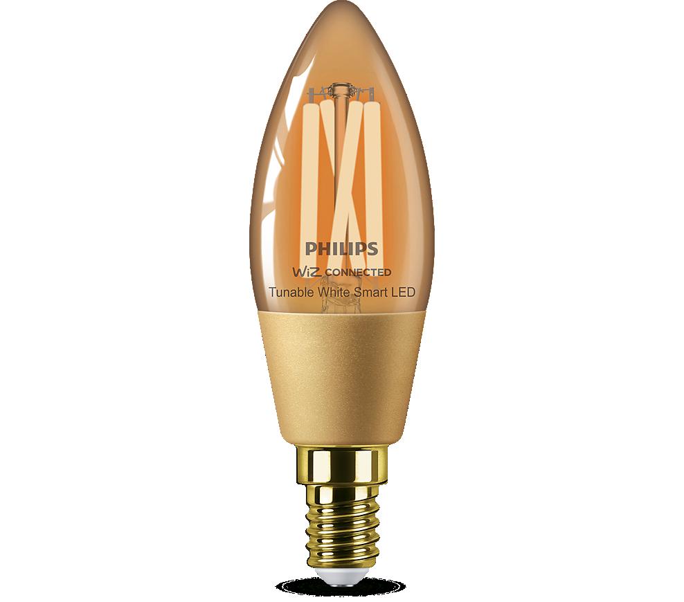 Bec LED inteligent vintage (decorativ) Philips Filament Candle Amber C35, Wi-Fi, Bluetooth, E14, 4.9W (25W), 370 lm, lumina alba (2000-5000K)