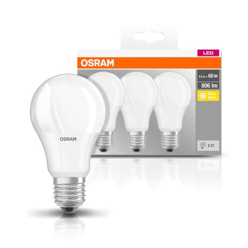 3 Becuri LED Osram Base Classic A, E27, 8.5W (60W), 806 lm, lumina calda (2700K)