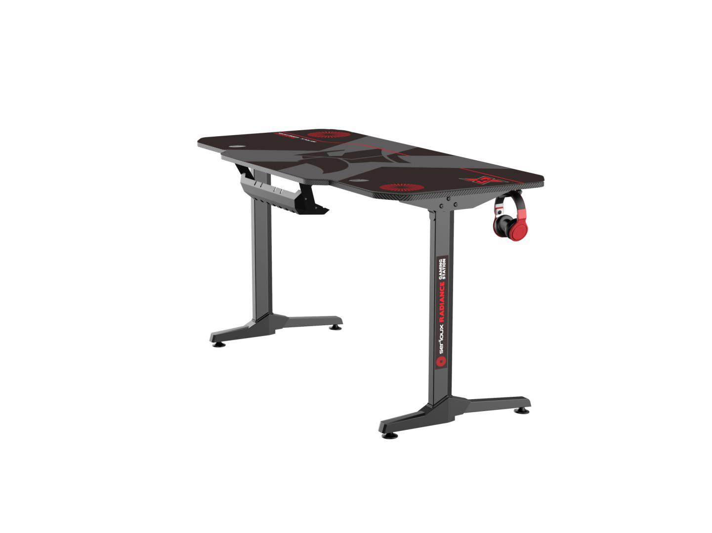 Birou gaming Serioux Radiance, material  otel carbon laminat, grosime 1.5mm, blat MDF invelit in fibra de carbon, dimensiuni blat: 1400*660* 15mm, mousepad pe intreaga suprafata a blatului(rezistent la apa), dimensiuni mouse pad: 1400*660*2mm, suport casti, suport cana/pahar, sistem management