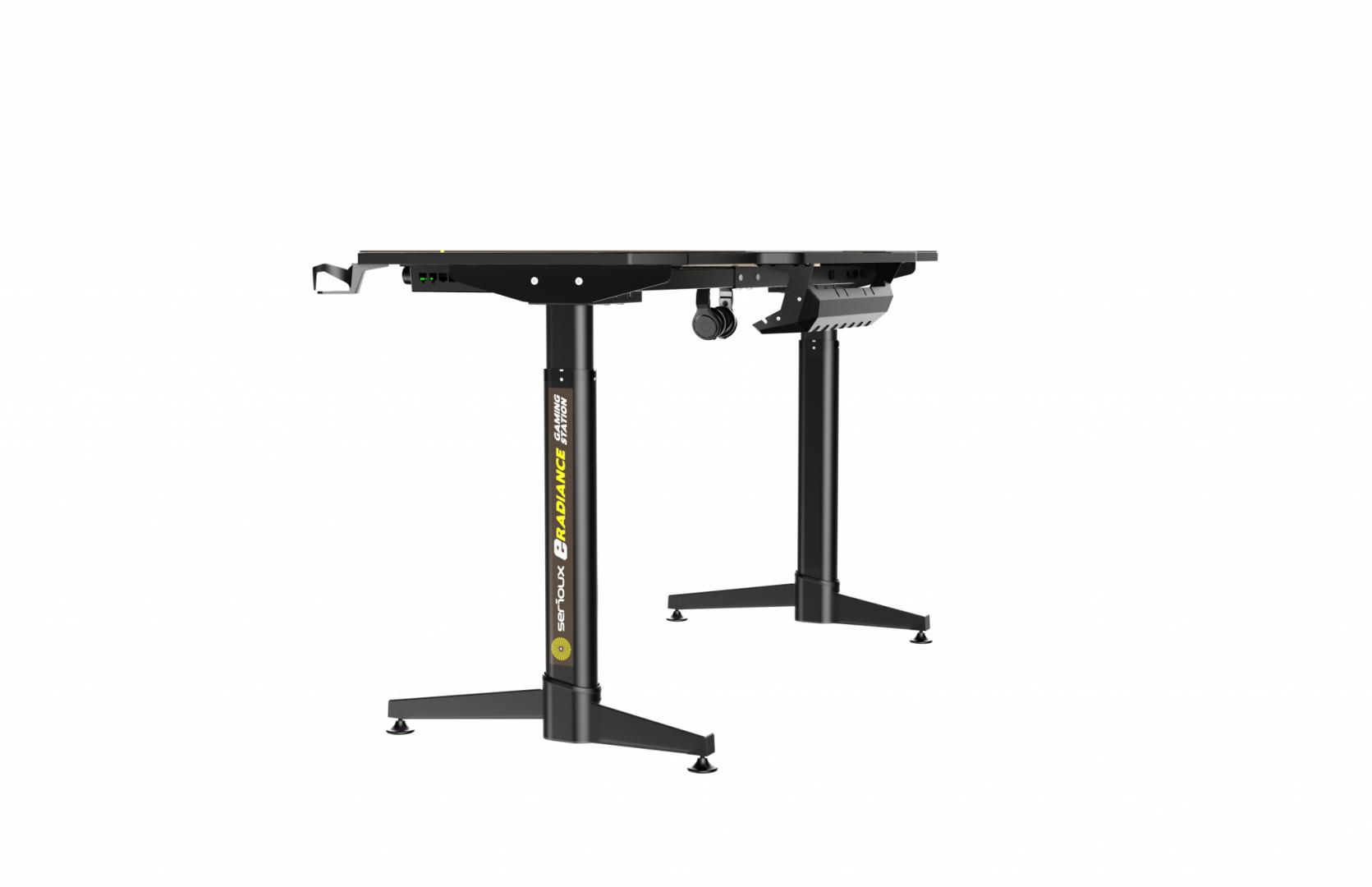Birou gaming Serioux eRadiance, cu reglaj electric pe inaltime, inaltime ajustabila: 720 - 1230mm, material otel carbon laminat,  grosime 1.5mm, blat MDF invelit in fibra de carbon, dimensiuni blat: 1400*660*18mm, mousepad pe intreaga suprafata a blatului (rezistent la apa), dimensiuni mousepad