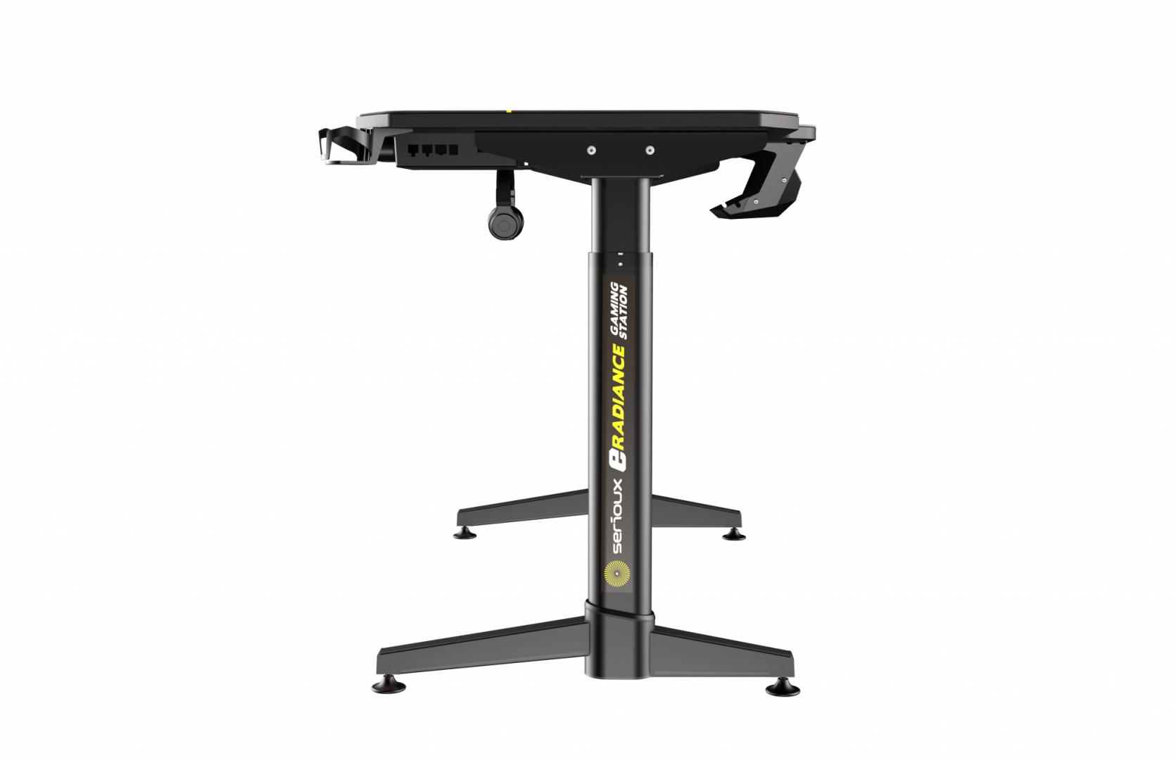 Birou gaming Serioux eRadiance, cu reglaj electric pe inaltime, inaltime ajustabila: 720 - 1230mm, material otel carbon laminat,  grosime 1.5mm, blat MDF invelit in fibra de carbon, dimensiuni blat: 1400*660*18mm, mousepad pe intreaga suprafata a blatului (rezistent la apa), dimensiuni mousepad