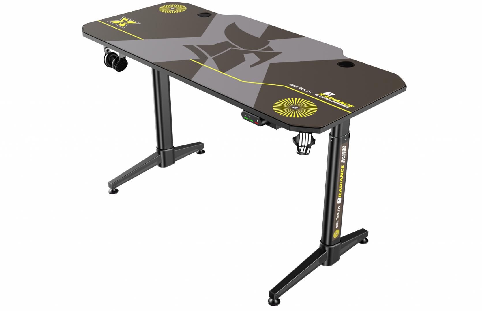 Birou gaming Serioux eRadiance, cu reglaj electric pe inaltime, inaltime ajustabila: 720 - 1230mm, material otel carbon laminat,  grosime 1.5mm, blat MDF invelit in fibra de carbon, dimensiuni blat: 1400*660*18mm, mousepad pe intreaga suprafata a blatului (rezistent la apa), dimensiuni mousepad