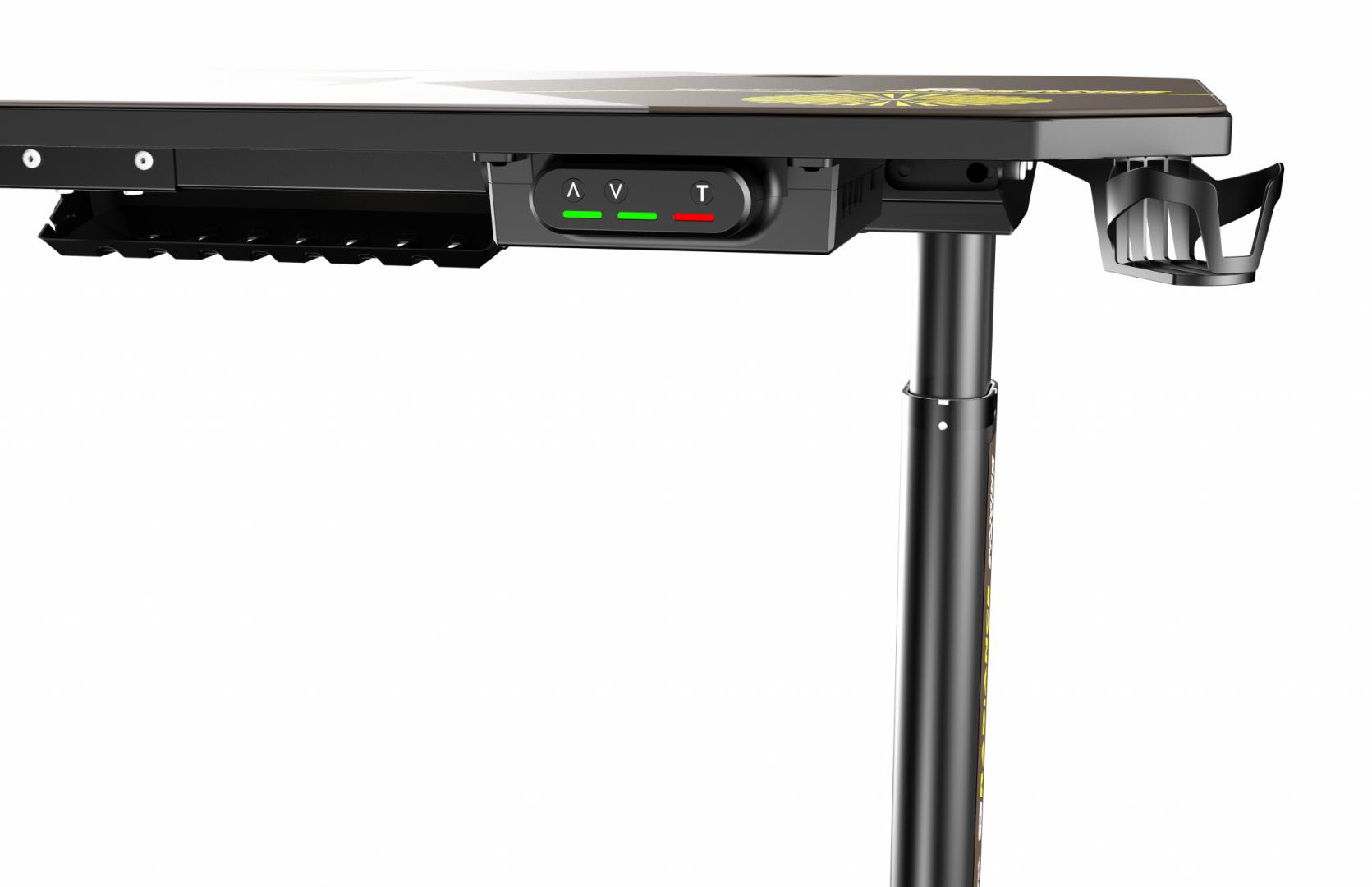 Birou gaming Serioux eRadiance, cu reglaj electric pe inaltime, inaltime ajustabila: 720 - 1230mm, material otel carbon laminat,  grosime 1.5mm, blat MDF invelit in fibra de carbon, dimensiuni blat: 1400*660*18mm, mousepad pe intreaga suprafata a blatului (rezistent la apa), dimensiuni mousepad