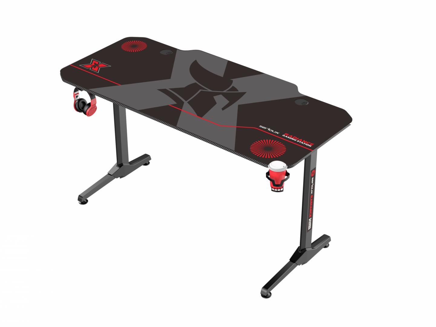 Birou gaming Serioux Radiance, material  otel carbon laminat, grosime 1.5mm, blat MDF invelit in fibra de carbon, dimensiuni blat: 1400*660* 15mm, mousepad pe intreaga suprafata a blatului(rezistent la apa), dimensiuni mouse pad: 1400*660*2mm, suport casti, suport cana/pahar, sistem management