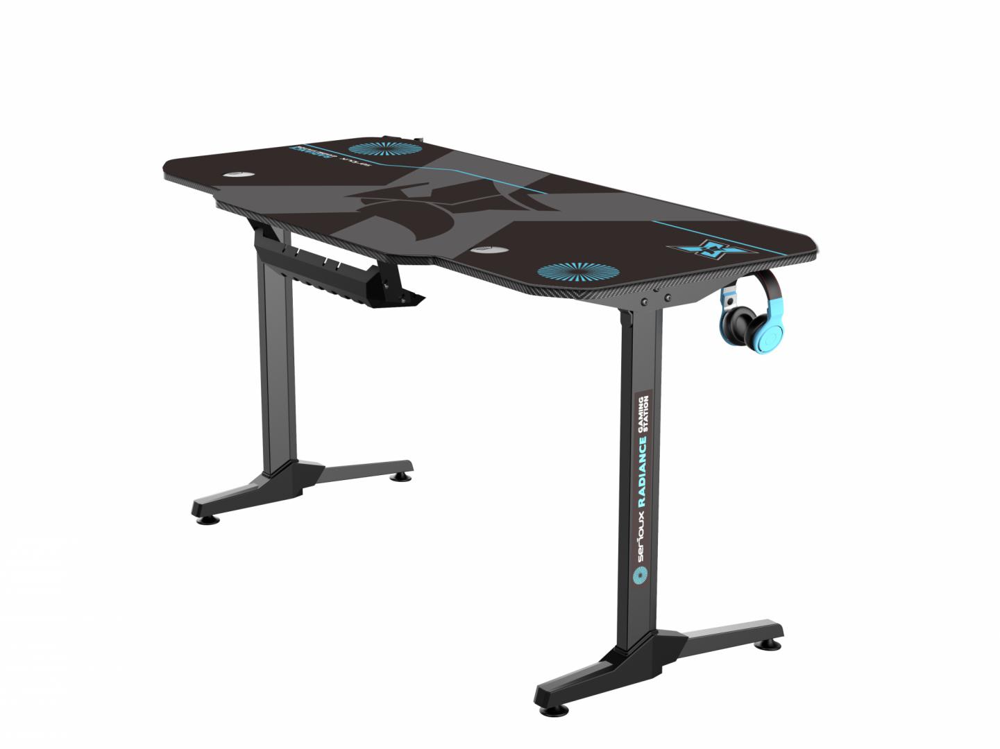 Birou gaming Serioux Radiance, material  otel carbon laminat, grosime 1.5mm, blat MDF invelit in fibra de carbon, dimensiuni blat: 1400*660* 15mm, mousepad pe intreaga suprafata a blatului(rezistent la apa), dimensiuni mouse pad: 1400*660*2mm, suport casti, suport cana/pahar, sistem management