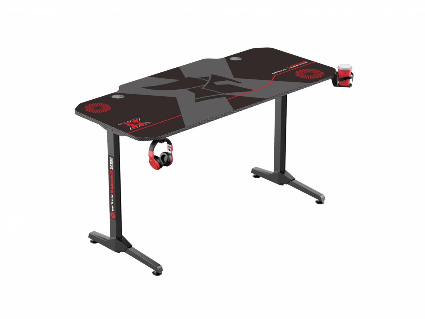 Birou gaming Serioux Radiance, material  otel carbon laminat, grosime 1.5mm, blat MDF invelit in fibra de carbon, dimensiuni blat: 1400*660* 15mm, mousepad pe intreaga suprafata a blatului(rezistent la apa), dimensiuni mouse pad: 1400*660*2mm, suport casti, suport cana/pahar, sistem management