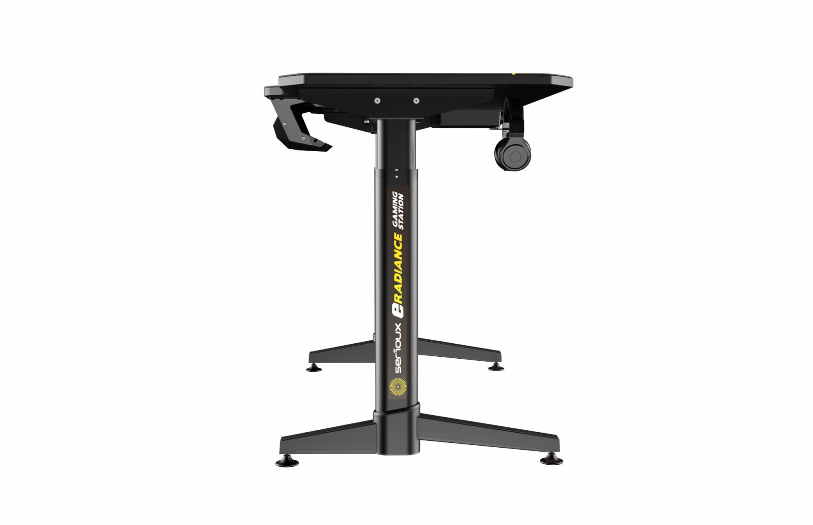 Birou gaming Serioux eRadiance, cu reglaj electric pe inaltime, inaltime ajustabila: 720 - 1230mm, material otel carbon laminat,  grosime 1.5mm, blat MDF invelit in fibra de carbon, dimensiuni blat: 1400*660*18mm, mousepad pe intreaga suprafata a blatului (rezistent la apa), dimensiuni mousepad
