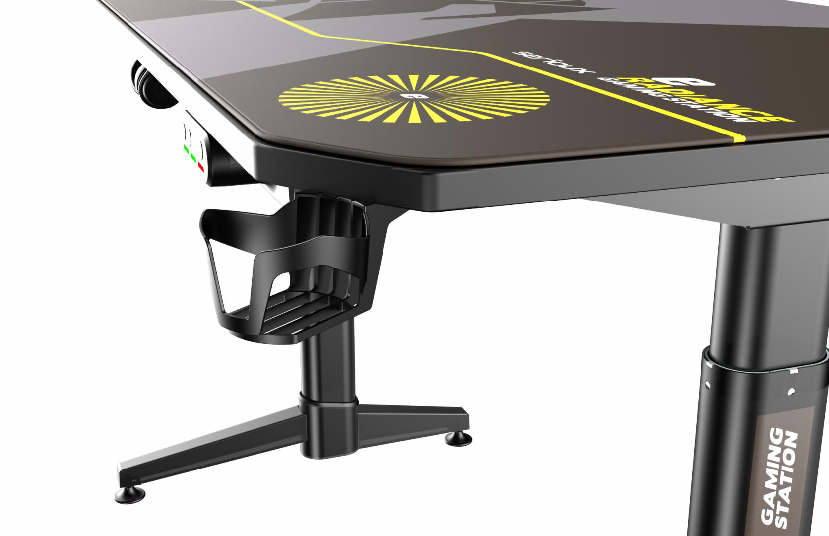Birou gaming Serioux eRadiance, cu reglaj electric pe inaltime, inaltime ajustabila: 720 - 1230mm, material otel carbon laminat,  grosime 1.5mm, blat MDF invelit in fibra de carbon, dimensiuni blat: 1400*660*18mm, mousepad pe intreaga suprafata a blatului (rezistent la apa), dimensiuni mousepad