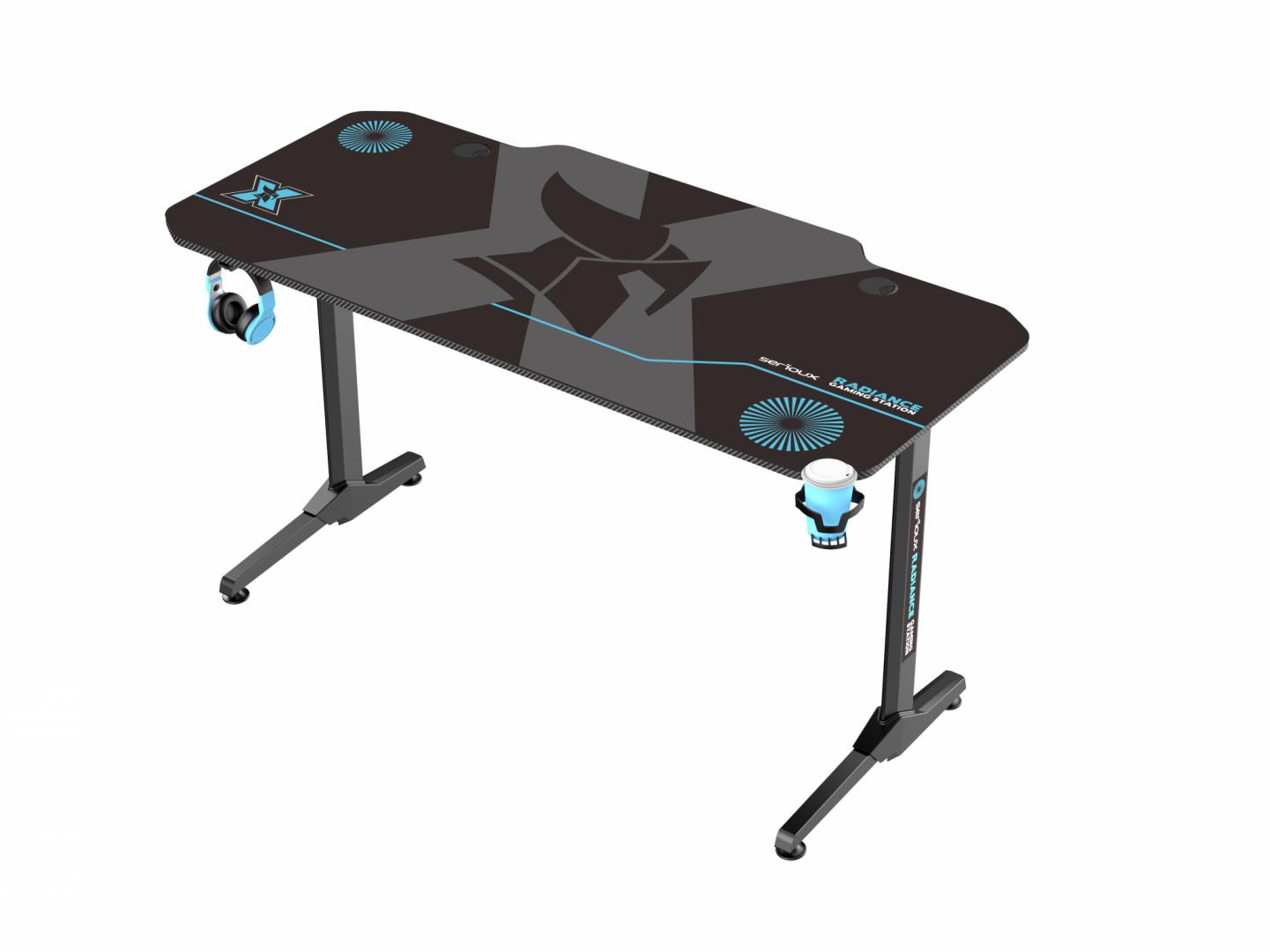 Birou gaming Serioux Radiance, material  otel carbon laminat, grosime 1.5mm, blat MDF invelit in fibra de carbon, dimensiuni blat: 1400*660* 15mm, mousepad pe intreaga suprafata a blatului(rezistent la apa), dimensiuni mouse pad: 1400*660*2mm, suport casti, suport cana/pahar, sistem management