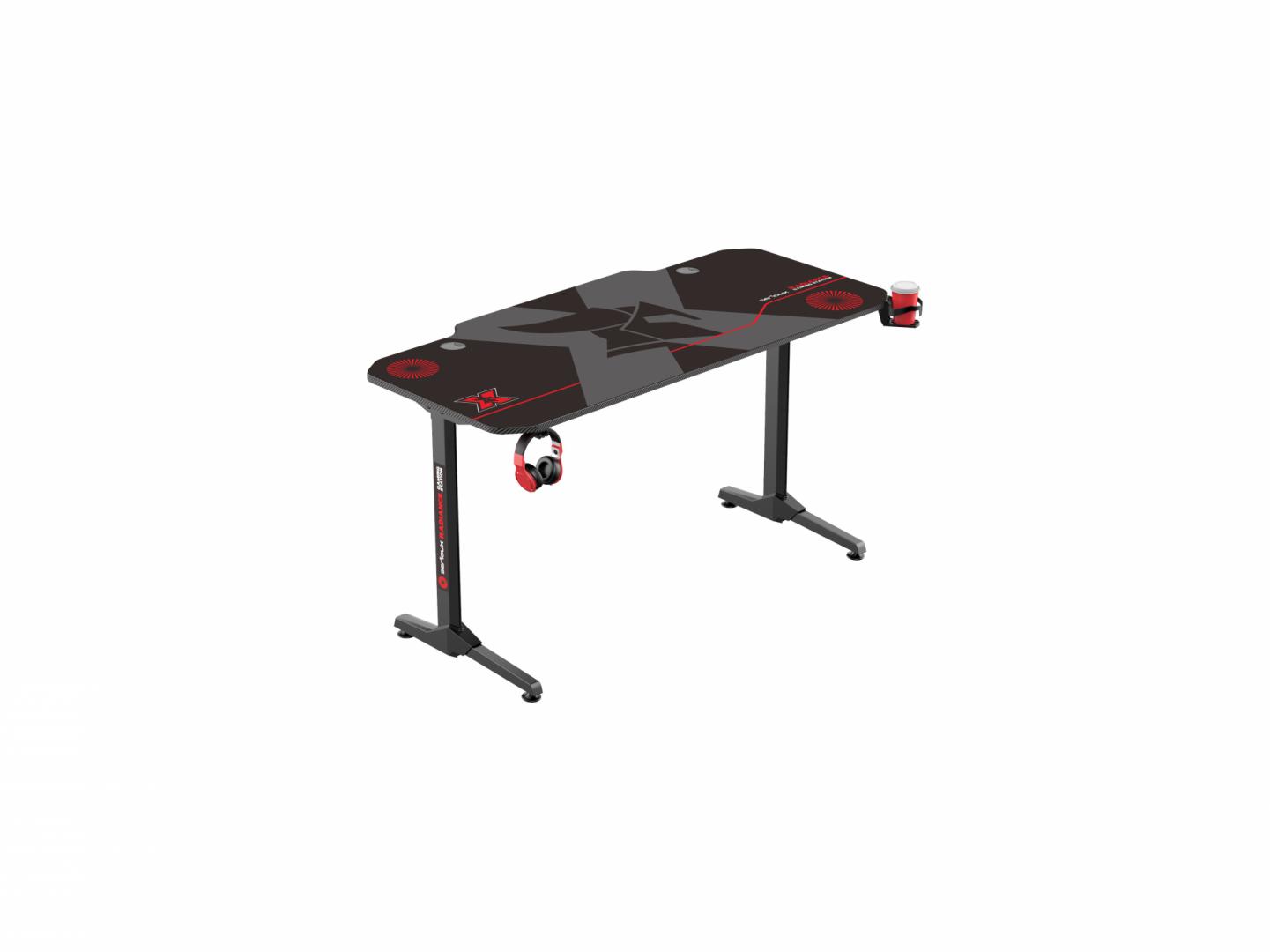Birou gaming Serioux Radiance, material  otel carbon laminat, grosime 1.5mm, blat MDF invelit in fibra de carbon, dimensiuni blat: 1400*660* 15mm, mousepad pe intreaga suprafata a blatului(rezistent la apa), dimensiuni mouse pad: 1400*660*2mm, suport casti, suport cana/pahar, sistem management