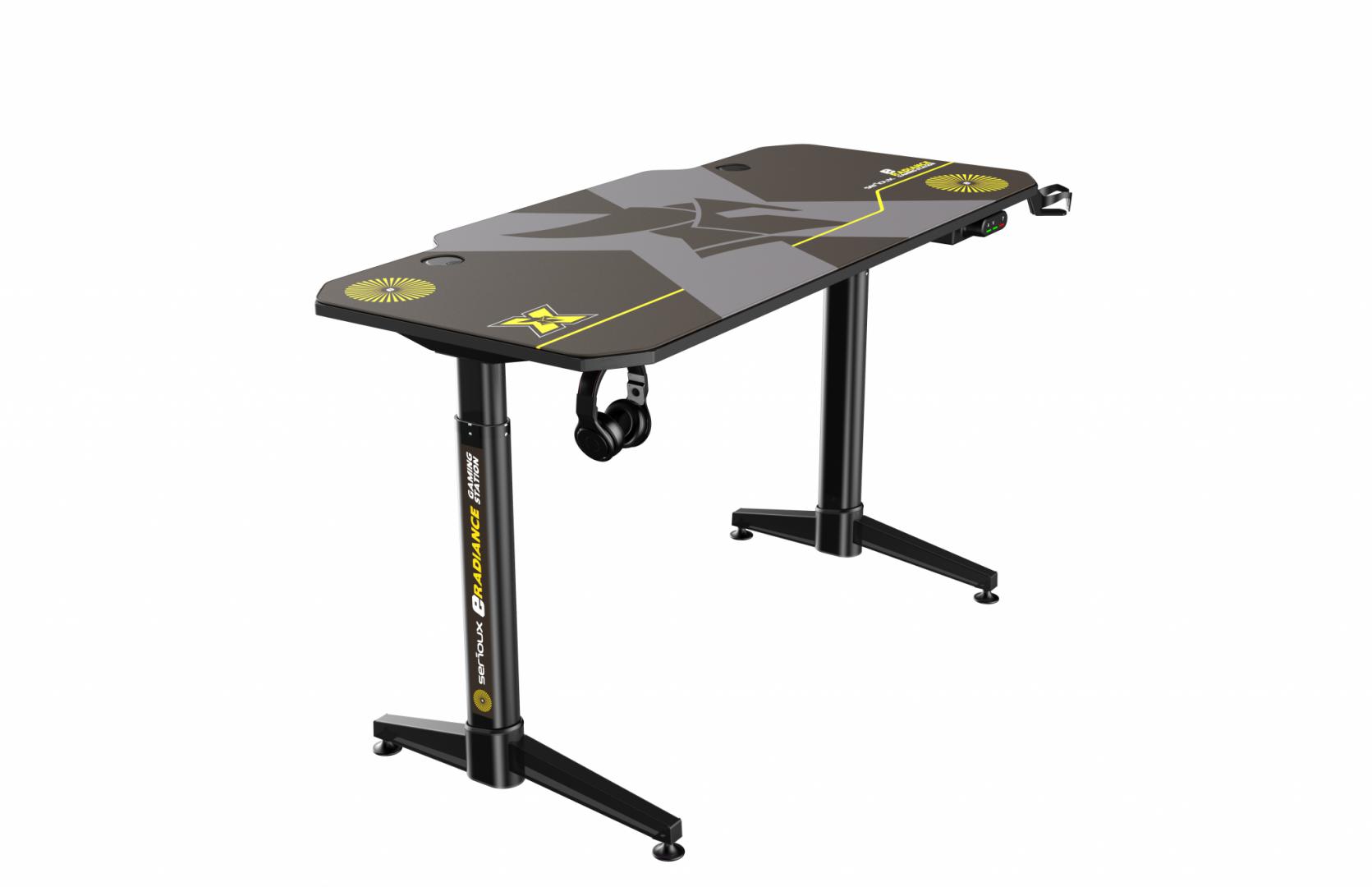 Birou gaming Serioux eRadiance, cu reglaj electric pe inaltime, inaltime ajustabila: 720 - 1230mm, material otel carbon laminat,  grosime 1.5mm, blat MDF invelit in fibra de carbon, dimensiuni blat: 1400*660*18mm, mousepad pe intreaga suprafata a blatului (rezistent la apa), dimensiuni mousepad