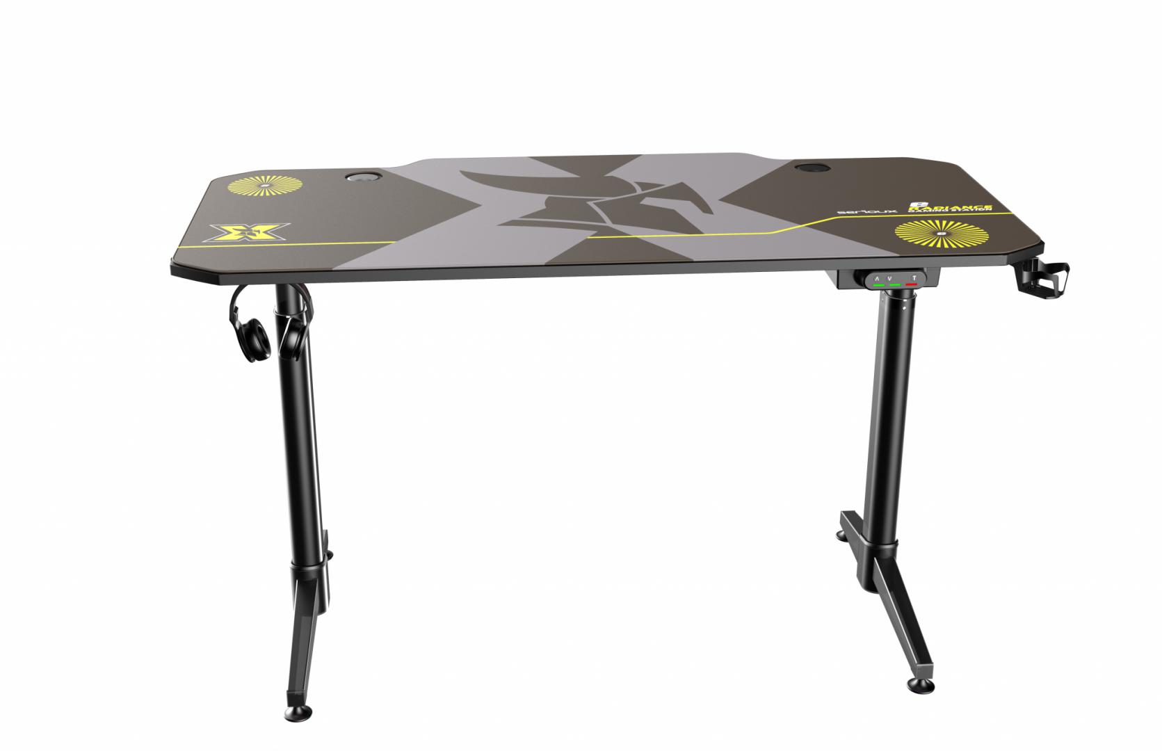 Birou gaming Serioux eRadiance, cu reglaj electric pe inaltime, inaltime ajustabila: 720 - 1230mm, material otel carbon laminat,  grosime 1.5mm, blat MDF invelit in fibra de carbon, dimensiuni blat: 1400*660*18mm, mousepad pe intreaga suprafata a blatului (rezistent la apa), dimensiuni mousepad
