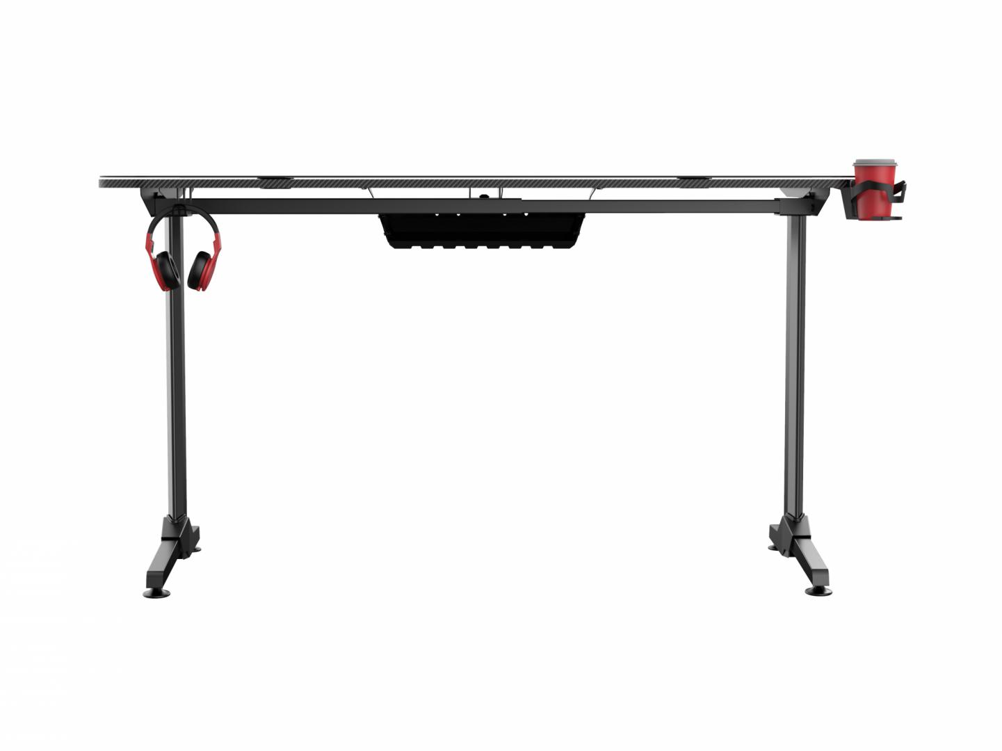 Birou gaming Serioux Radiance, material  otel carbon laminat, grosime 1.5mm, blat MDF invelit in fibra de carbon, dimensiuni blat: 1400*660* 15mm, mousepad pe intreaga suprafata a blatului(rezistent la apa), dimensiuni mouse pad: 1400*660*2mm, suport casti, suport cana/pahar, sistem management