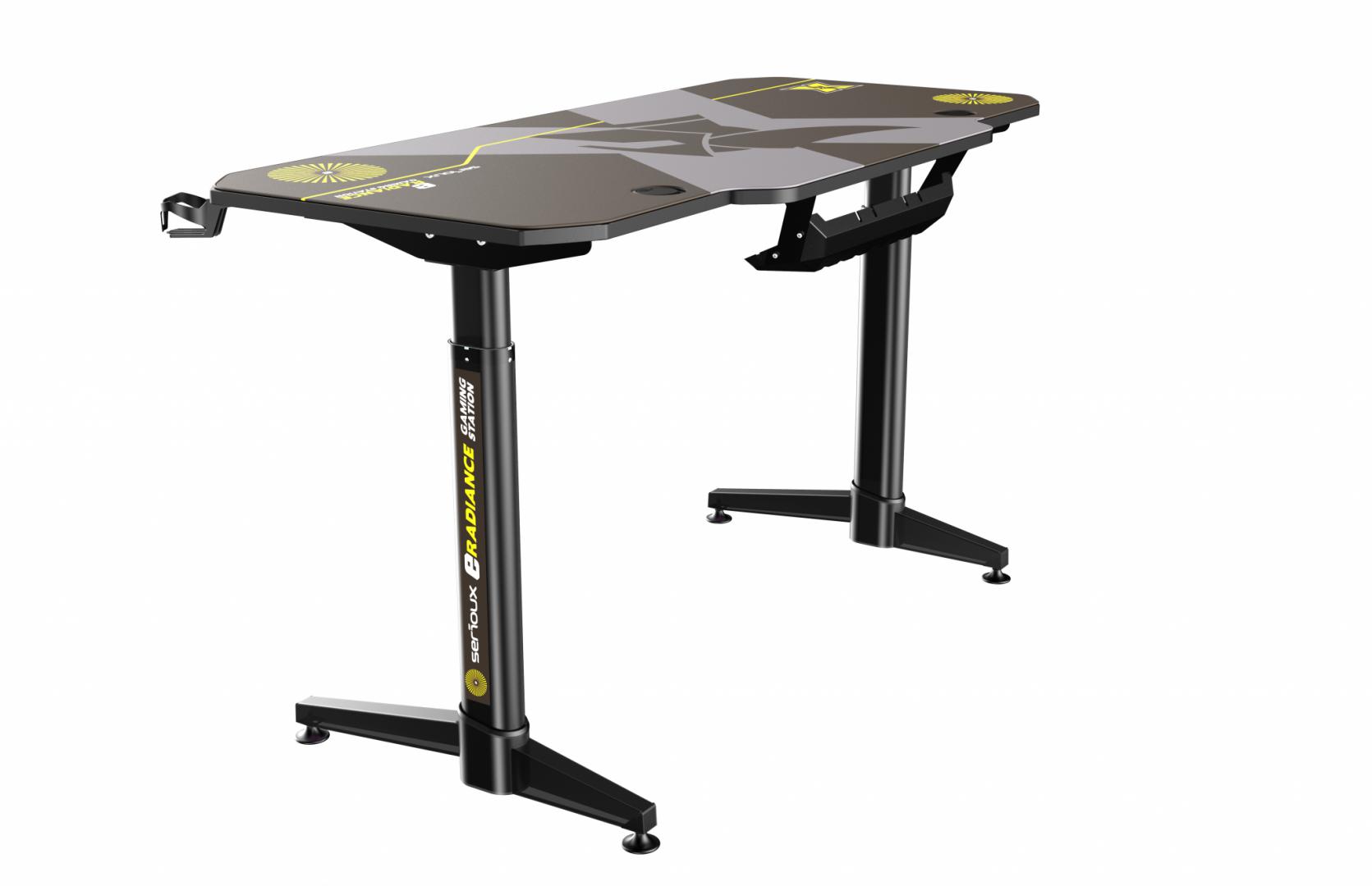 Birou gaming Serioux eRadiance, cu reglaj electric pe inaltime, inaltime ajustabila: 720 - 1230mm, material otel carbon laminat,  grosime 1.5mm, blat MDF invelit in fibra de carbon, dimensiuni blat: 1400*660*18mm, mousepad pe intreaga suprafata a blatului (rezistent la apa), dimensiuni mousepad