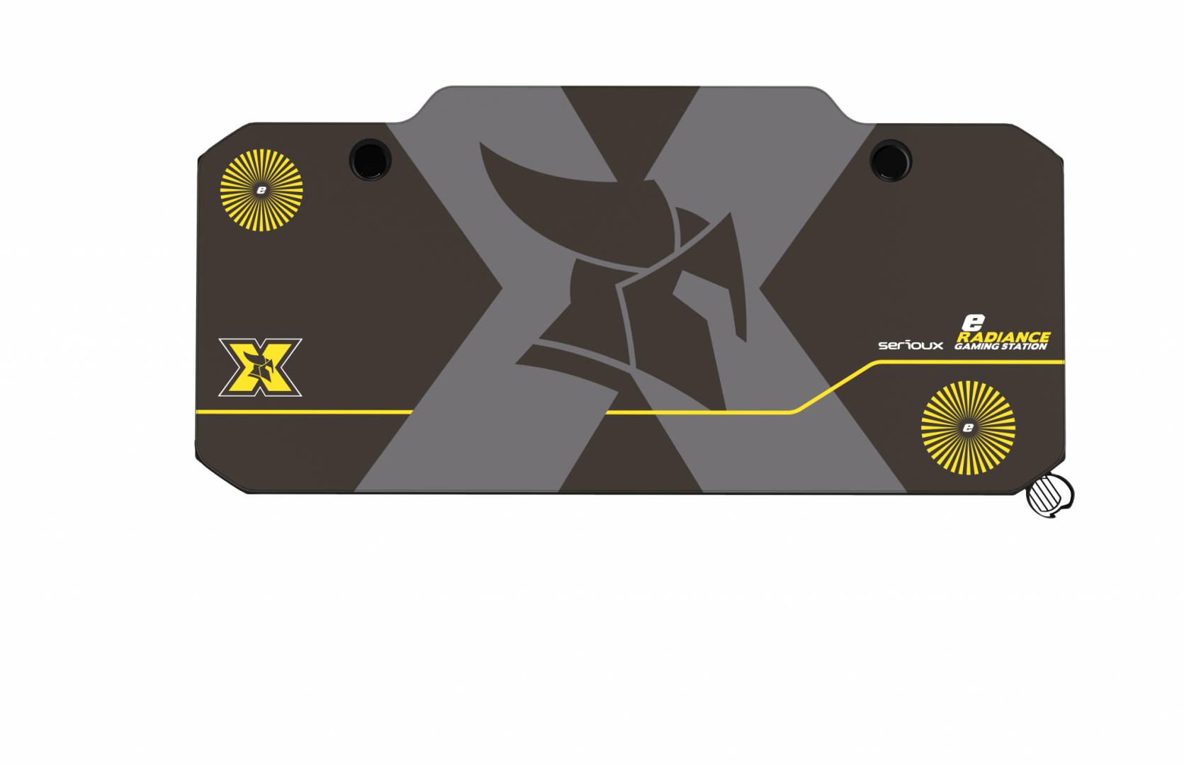 Birou gaming Serioux eRadiance, cu reglaj electric pe inaltime, inaltime ajustabila: 720 - 1230mm, material otel carbon laminat,  grosime 1.5mm, blat MDF invelit in fibra de carbon, dimensiuni blat: 1400*660*18mm, mousepad pe intreaga suprafata a blatului (rezistent la apa), dimensiuni mousepad