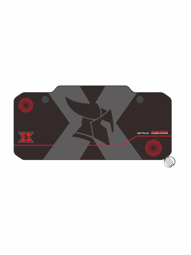 Birou gaming Serioux Radiance, material  otel carbon laminat, grosime 1.5mm, blat MDF invelit in fibra de carbon, dimensiuni blat: 1400*660* 15mm, mousepad pe intreaga suprafata a blatului(rezistent la apa), dimensiuni mouse pad: 1400*660*2mm, suport casti, suport cana/pahar, sistem management