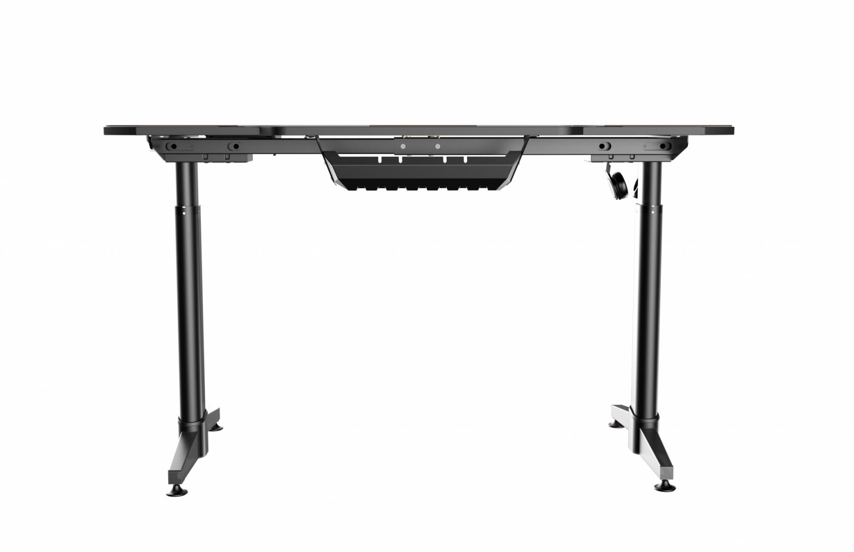 Birou gaming Serioux eRadiance, cu reglaj electric pe inaltime, inaltime ajustabila: 720 - 1230mm, material otel carbon laminat,  grosime 1.5mm, blat MDF invelit in fibra de carbon, dimensiuni blat: 1400*660*18mm, mousepad pe intreaga suprafata a blatului (rezistent la apa), dimensiuni mousepad
