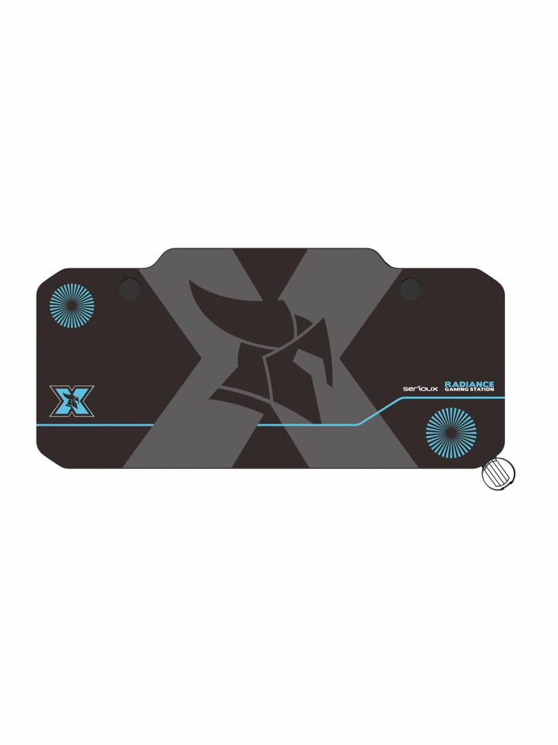 Birou gaming Serioux Radiance, material  otel carbon laminat, grosime 1.5mm, blat MDF invelit in fibra de carbon, dimensiuni blat: 1400*660* 15mm, mousepad pe intreaga suprafata a blatului(rezistent la apa), dimensiuni mouse pad: 1400*660*2mm, suport casti, suport cana/pahar, sistem management