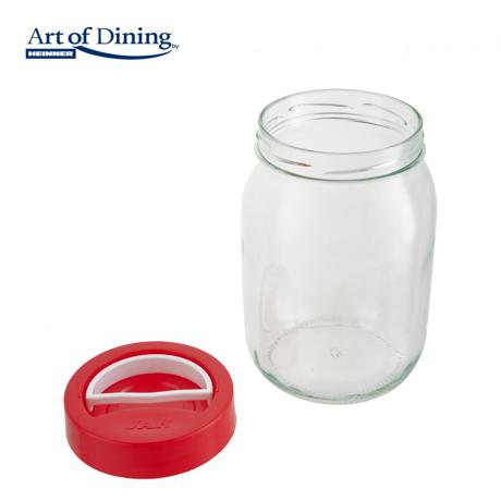 Borcan pentru depozitare din sticla, cu capac din plastic rosu ART OF DINING BY HEINNER HR-AND-015, 1.5 L, Diametru 12 cm,  H 18 cm, maner transport