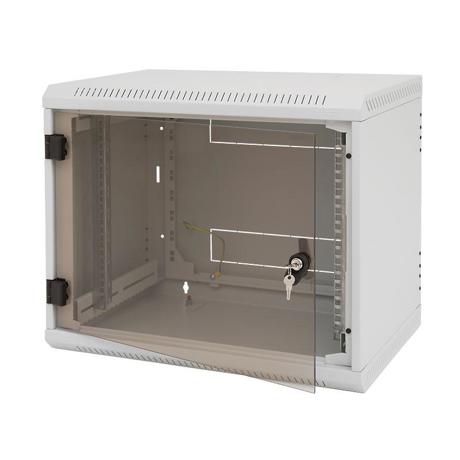 Rack de perete Triton sectiune simpla 12U 600mm adancime usa sticla panouri laterale fixe sectiuni ventilatie activa, sectiuni acces cabluri sus/jos/spate securizare cu cheie, 1 pereche montanti reglabili IP30 gri
