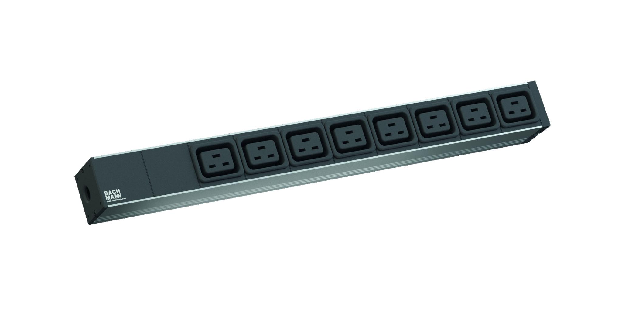 Bachmann prelungitor 19" 1HE 8xC19 cordon 2,0 m C20 ,0m C20; IT PDU Basic 1U (230V/ 50Hz); Plug: C20; 8x C19 socket outlets, black; Inside wiring with euro terminal; Power supply: 2,0m H05VV-F 3G 1,50 mm²; Rated voltage: 230V; Incl. 2x mounting metal flanges; End caps screwed, rewireable; Profile