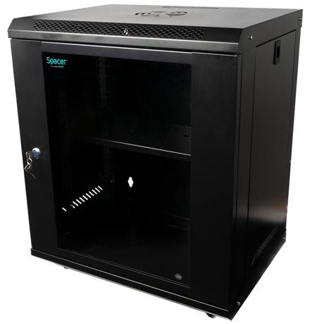 CABINET 19″ SPACER 12U 500x450mm, fixare pe perete, Flatpack (dezasamblat), Black, usa sticla cu blocare, panouri detasabile, otel 1mm, sarcina maxima 25Kg