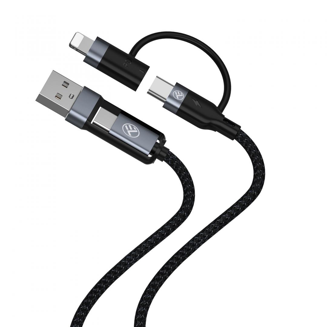 Cablu 4in1 Tellur 3A, 2xType-C, Lightning, USB, 1m, negru