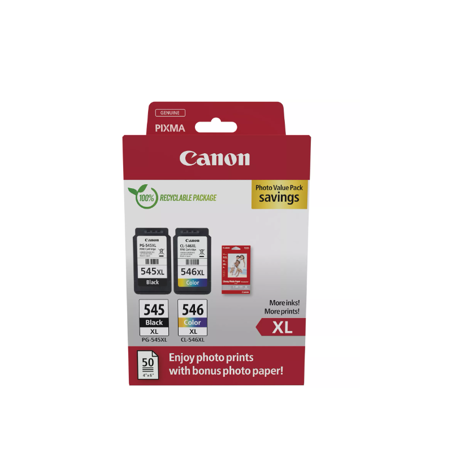 Canon pachet cartuse cearneala PG-545XL/CL-546XL Photo value pack, capacitate negru: 400 pagini/13ml, Color: 300 pagini / 15ml, Compatibil cu: PIXMA 2550S, PIXMA IP2850, PIXMA MG2450, PIXMA MG2550, PIXMA MG2950, PIXMA MG3050, PIXMA MG3051, PIXMA MG3052, PIXMA MG3053, PIXMA MX495, PIXMA TR4550, PIXMA