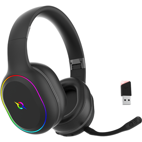 Casti over-ear AQIRYS Lyra, sistem de sunet 3D Stero, Dual wireless si cu fir, BT cu microfon flexibil, interfata USB 2.0, durata baterie pana la 27h, frecventa 20 Hz - 20Hz, cu iluminare RGB, negre