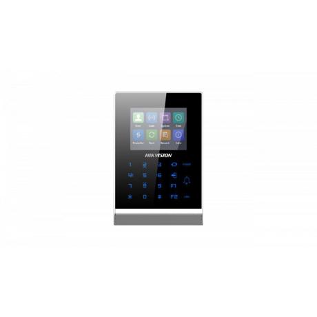 Cititor control access standalone Hikvision Pro Series DS-K1T105AE, capacitate carduri EM: 100000, capacitate evenimente: 300000, distanta citire card: 0 la 5 cm,  suporta RS-485 and Wiegand (26/34), ecran LCD 2.8 inch, suporta  ISUP protocol, comunicare via wired network (TCP/TP) si Wi-Fi