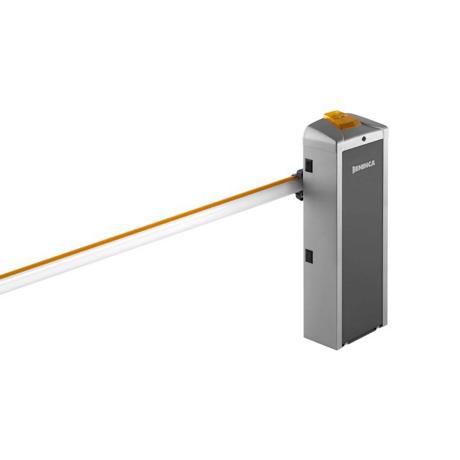 Bariera electromecanica auto Beninca EVA8, (receptor radio incorporat), permite instalarea unui brat de maxim 8 metri, recomandata pentru uz intensiv, alimentare la 220V, alimentare motor 24Vdc, viteza de operare: 3.5-6 secunde, loc pentru montare fotocelula in bariera, lampa integrata in bariera (