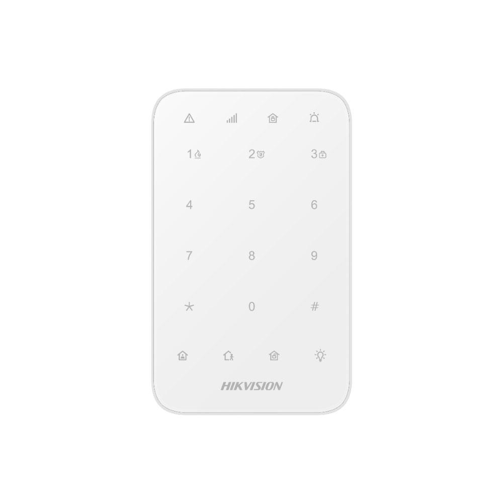 Tastatura wireless AX PRO Hikvision DS-PK1-E-WE, 868MHz two-way Tri-X wireless technology; distanta comunicare RF : 1200min camp deschis; Stay/away arming, disarming, alarm clearing for anumite zone sau pentru toate zonele; One-Push fire alarm, panic alarm, and medical alarm (Silent/Audible alarm