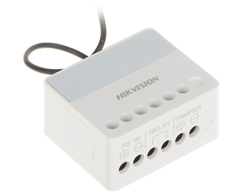 Modul releu AXPRO Hikvision DS-PM1-O1L-WE, 1 x NO/NC (0~36 V DC, Max 5 A), comunicare 868 MHz two-way wireless, criptare AES-128, distanta de comunicare RF: 1800m, in camp deschis, 1x buton invatare( pentru inregistrare),  3 x Led stare: Register/Signal (Green/Red), Power (Green), Relay Status
