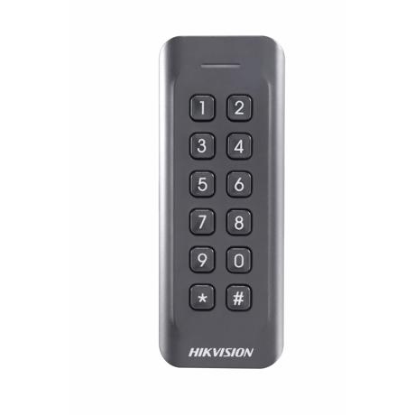 Card reader Hikvision, DS-K1802EK; Reads EM card, with keypad; Card Reading Frequency: 125KHz; Processor: 32-bit; Reading Range: ≤50mm (≤ 1.97"); Supports Wiegand(W27/W35) protocol, Dust-proof, IP 65.