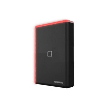 Cititor card Hikvision DS-K1108AE, citeste carduri EM 125 KHz, distanta citire: ≤ 50 mm, comunicare: RS-485, Wiegand (W26, W34) protocol si OSDP protocol, indicator LED de stare si alimentare, tamper, buzzer, alimentare: 12 VDC, IP65, dimensiuni: 123 mm × 88 mm × 21mm