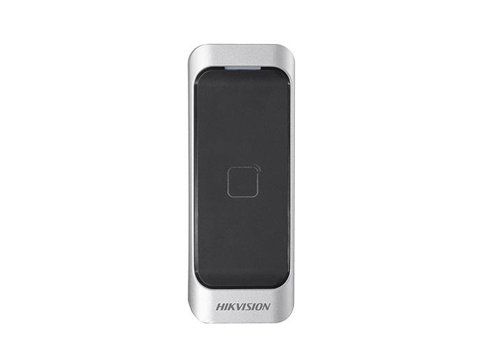 Cititor card Hikvision DS-K1107AM, citeste carduri Mifare 13.56 MHz, distanta citire: ≤ 50 mm, RS-485, Wiegand (W26/W34) protocol si protocol OSDP, Watchdog, indicator de stare si alimentare, buzzer incorporat, tamper, alimentare 12VDC, IP65, dimensiuni 115 mm × 44 mm × 22 mm, montaj pe perete