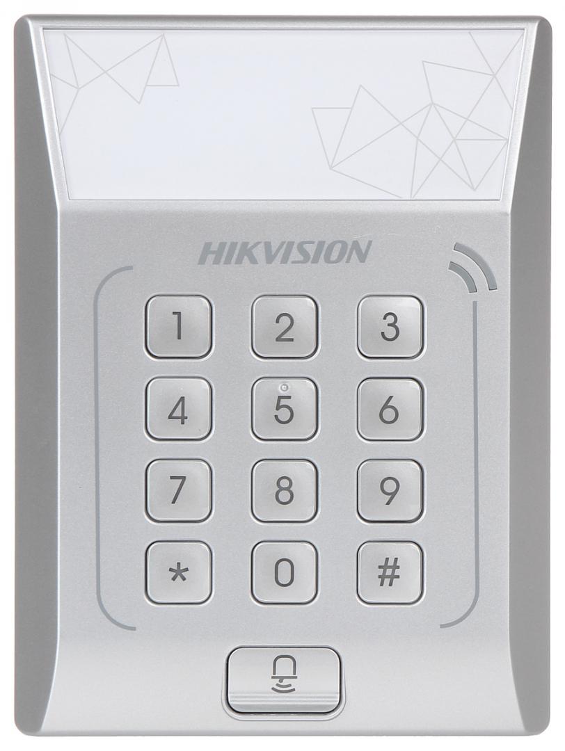 Cititor standalone cu tastatura si card de proximitate Hikvision, DS- K1T801M; suporta cartele MIFARE, Capacitate 3000 cartele, Autentificare: card sau card si parola; Intrari: buton de iesire x1, contact de usa x1; Iesiri: sonerie x1, incuietoare electrica x1; Alimentare: DC 12V/1A; Dimensiuni