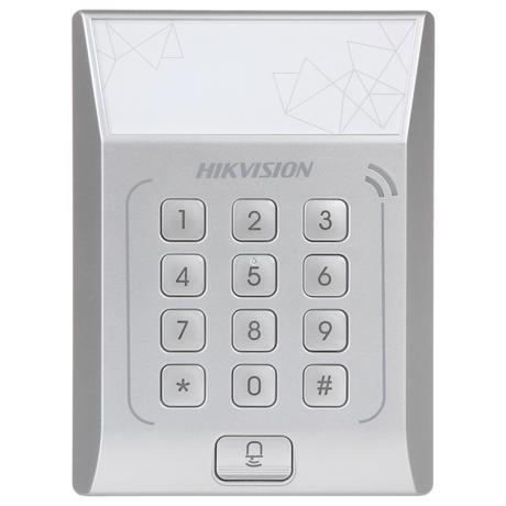 Cititor standalone cu tastatura si card de proximitate Hikvision, DS- K1T801M; suporta cartele MIFARE, Capacitate 3000 cartele, Autentificare: card sau card si parola; Intrari: buton de iesire x1, contact de usa x1; Iesiri: sonerie x1, incuietoare electrica x1; Alimentare: DC 12V/1A; Dimensiuni